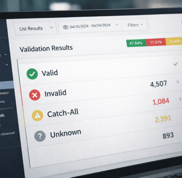 Zoomed email validation dashboard showing valid, invalid, catch-all, and unknown results.