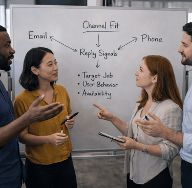 SDR team discussing channel fit signals in front of a whiteboard
