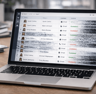 Lead list on laptop showing channel-specific data decay with static distortion