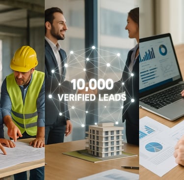 Cinematic collage scene representing three B2B industries Construction, Real Estate, and Accounting