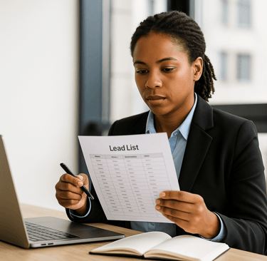 Woman reviewing a clean lead list at her laptop