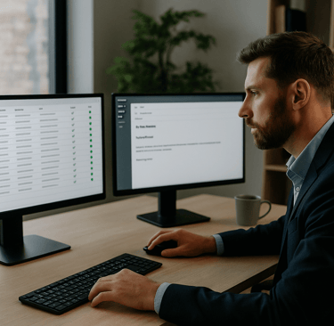 Founder comparing clean contact list and personalization screen in a modern workspace.