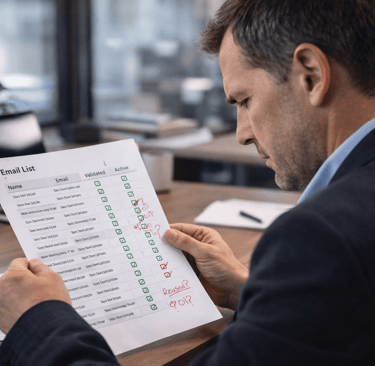 Founder reviewing a clean-looking email list for hidden risks
