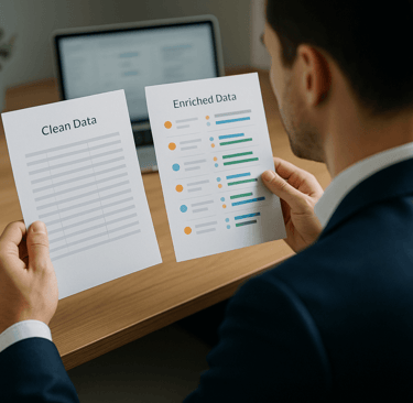 Founder comparing clean data sheet vs enriched conversion-ready data.