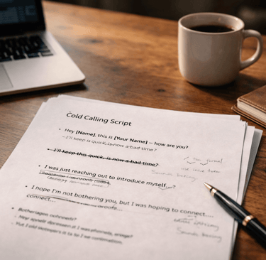 printed cold calling script on a founder desk with notes and edits