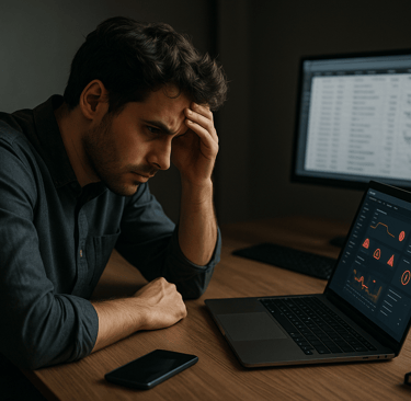 Founder stressed while looking at cold email errors and messy data on screens