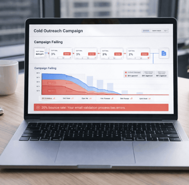 Cold email analytics dashboard on a laptop showing a campaign failing due to poor data quality