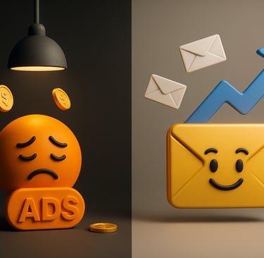 3D illustration of sad ads emoji and smiling email icon with rising arrow.