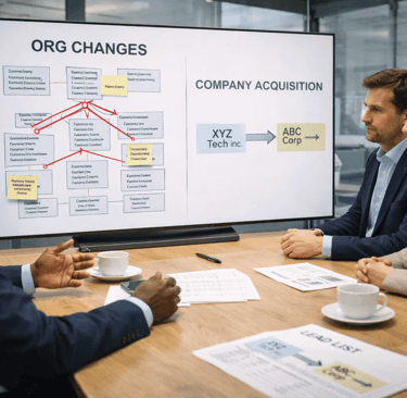 Execs reviewing company acquisition and org changes