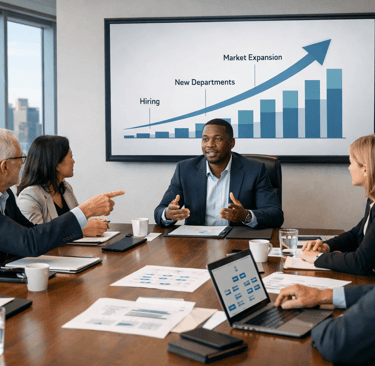 Founder leading board meeting on company expansion strategy