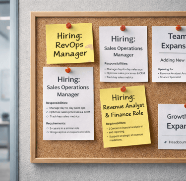 Office bulletin board showing active hiring roles and expansion signals
