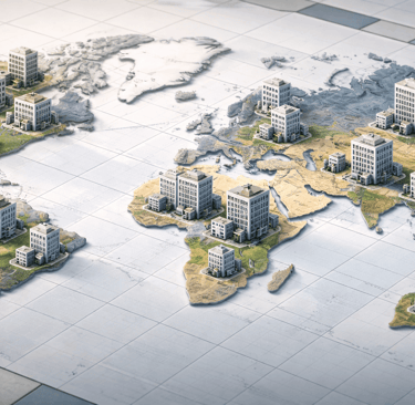3D world map showing company locations across regions