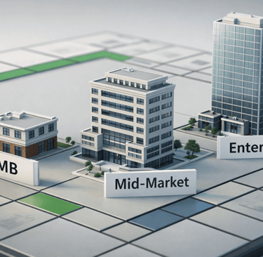 3D board showing SMB, mid-market, and enterprise buildings by size