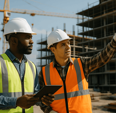 Construction engineers reviewing site progress outdoors