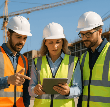 Construction workers reviewing a tablet on an active job site.