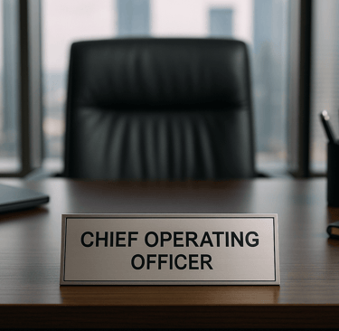 Empty COO desk with nameplate in a modern office.