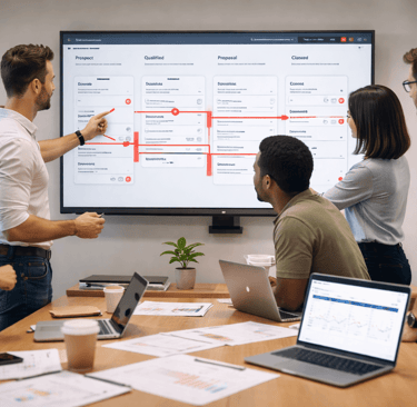 Outbound team reviewing corrupted CRM pipeline stages