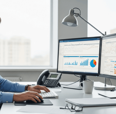 man analyzing marketing metrics on dual monitors in a modern office