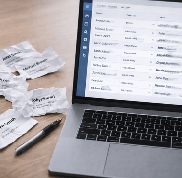 Crumpled business cards beside a drifting CRM contact list