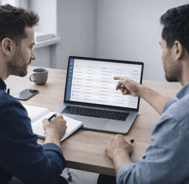 Two founders reviewing and cleaning a CRM system