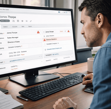 Founder reviewing CRM contact profile with conflicting job titles and company data.