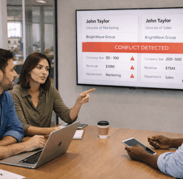 SDR team discussing CRM metadata conflict on meeting room screen