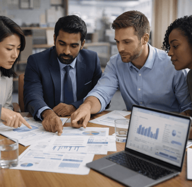 Diverse team reviewing cross-border B2B data accuracy around a meeting table
