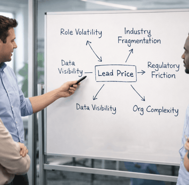 SDR team discussing cross-industry factors that influence lead pricing on a whiteboard