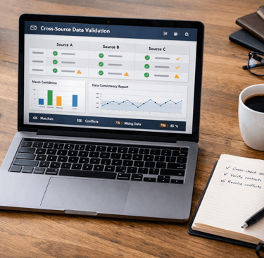 Laptop showing cross-source data validation analytics dashboard