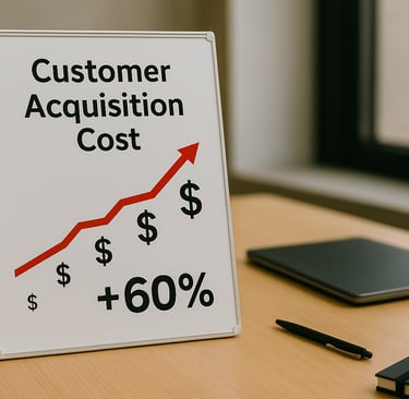 Board with rising customer acquisition cost chart showing +60%