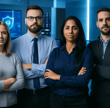 Cybersecurity team standing together in a bright SOC room.