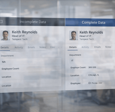 CRM view comparing incomplete data versus complete data on a glass panel screen