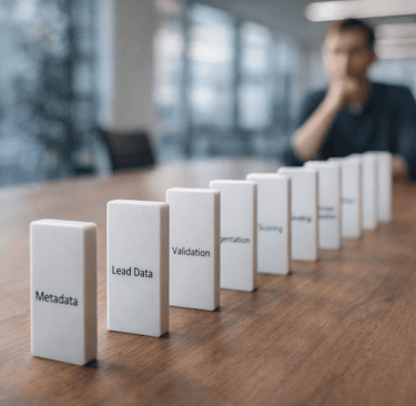 Domino chain labeled metadata to reputation on conference table