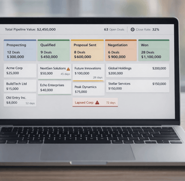 CRM pipeline dashboard on laptop in blurred office background