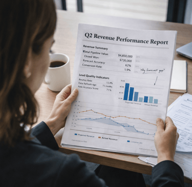 Female founder reviewing printed revenue report showing forecast gap