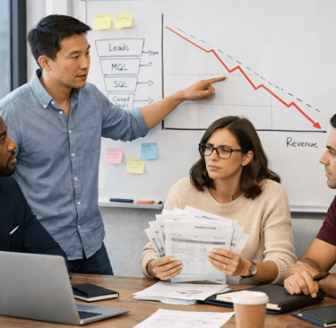 Startup team reviewing declining revenue on a whiteboard while analyzing lead data issues.