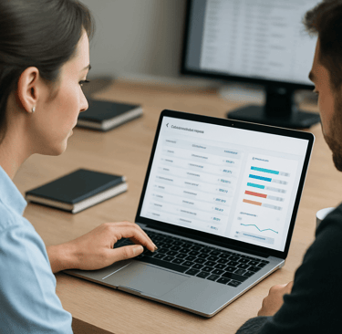 Two professionals reviewing a data enrichment dashboard on a laptop