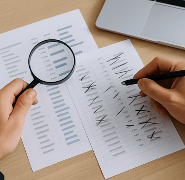 Reviewing data sheets with a magnifying glass.