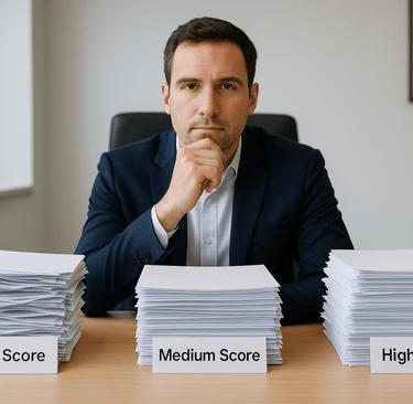 Founder sitting behind three labeled paper piles representing data scoring levels