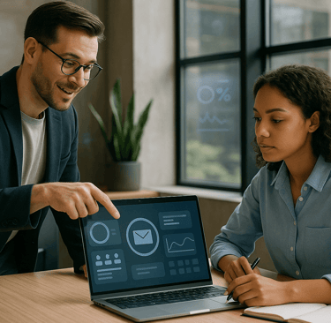 Mentor showing a founder cold email data on a laptop.
