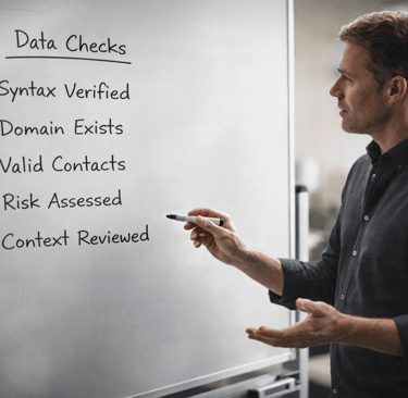 Founder reviewing a data validation checklist on a whiteboard.