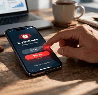 Founder dismissing “buy leads” reminder on phone