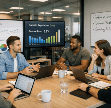 SDR team discussing email deliverability and domain health in a meeting room