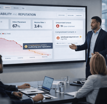 Boardroom presentation showing email deliverability decline