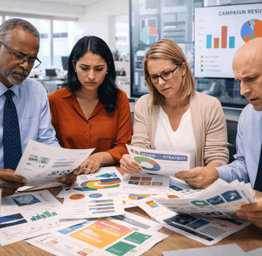 diverse team reviewing marketing data mismatch