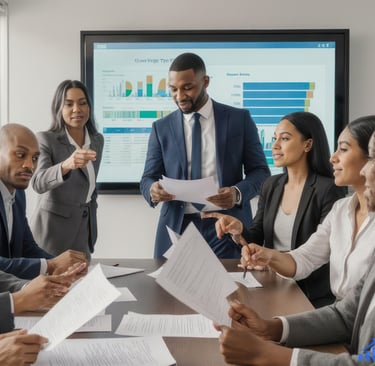 Team analyzing ROI charts on large digital screens in a modern marketing office