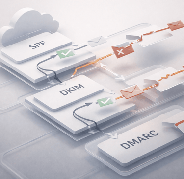 3D illustration showing DNS configuration layers affecting email delivery