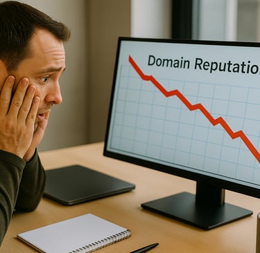 Founder reacting to a domain reputation drop shown on a screen