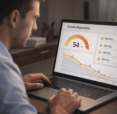 Founder reviewing declining domain reputation score on laptop