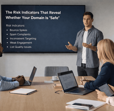 SDR team discussing domain risk indicators in meeting